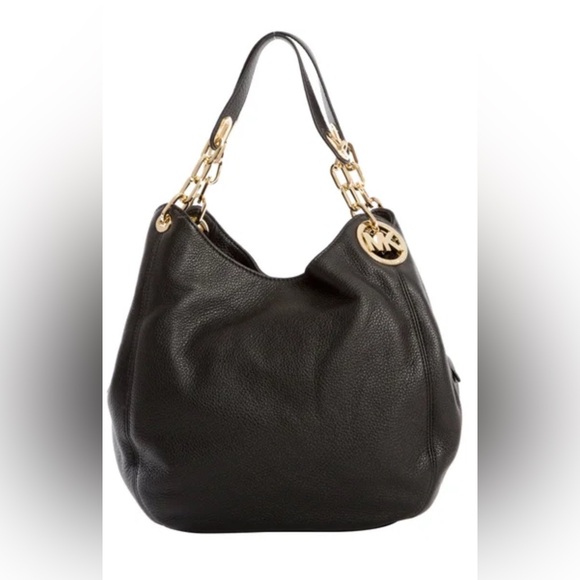 MICHAEL KORS Fulton Blk Pebble Leather Handbag Purse Gold Hardware Chain Handle - Picture 1 of 14